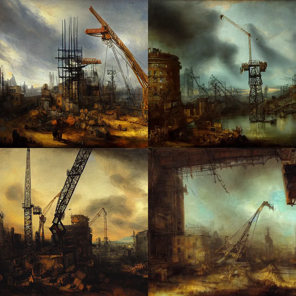 Prompt: a constuction crane in a postapocalyptic world painted by rembrandt