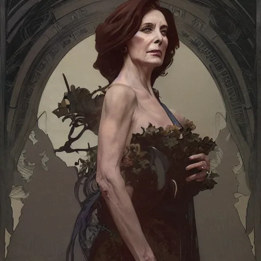 Image similar to A portrait of Nancy Patricia Pelosi by greg rutkowski and alphonse mucha,In style of digital art illustration.Dark Fantasy.darksouls.hyper detailed,smooth, sharp focus,trending on artstation,4k