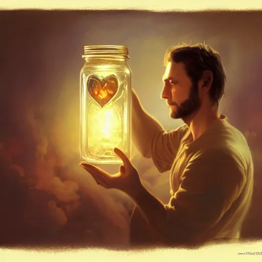 Image similar to man holding he's soul in a jar portrait, backlight, rim lighting, deep focus, d & d, fantasy, intricate, elegant, highly detailed, digital painting, artstation, concept art, matte, centered, sharp focus, illustration, hearthstone, art by artgerm, greg rutkowski and alphonse mucha