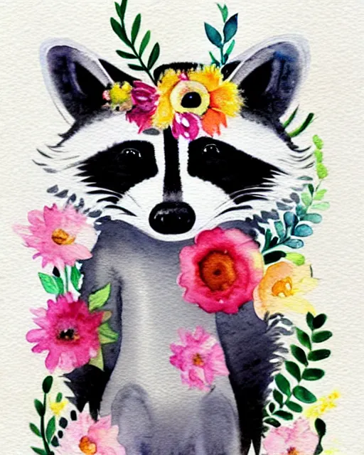 Prompt: a painting of a raccoon wearing a flower crown, a watercolor painting by annabel kidston, a storybook illustration, trending on pinterest, rococo, muted colors, soft, smooth, made of flowers, watercolor, whimsical, white paper, minimalist, simple