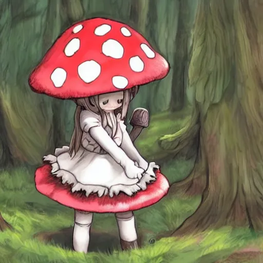 Image similar to cute little girl with a mushroom hat in dark forest, cute artwork, clean detailed, inspired in made in abyss