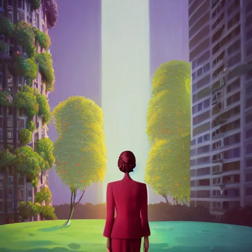 Prompt: huge flower as head, woman in suit standing by tall windows, modernist luxury apartment, surreal photography, sunlight, impressionist painting, digital painting, artstation, simon stalenhag