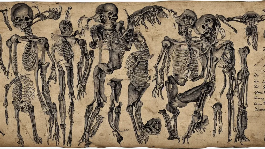 Prompt: 17th century scroll with illustrations of human bones!!! described in an alien language,