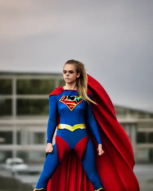 Image similar to high quality presentation photo of a cara delevigne as supergirl, photography 4k, f1.8 anamorphic, bokeh, 4k, Canon, Nikon