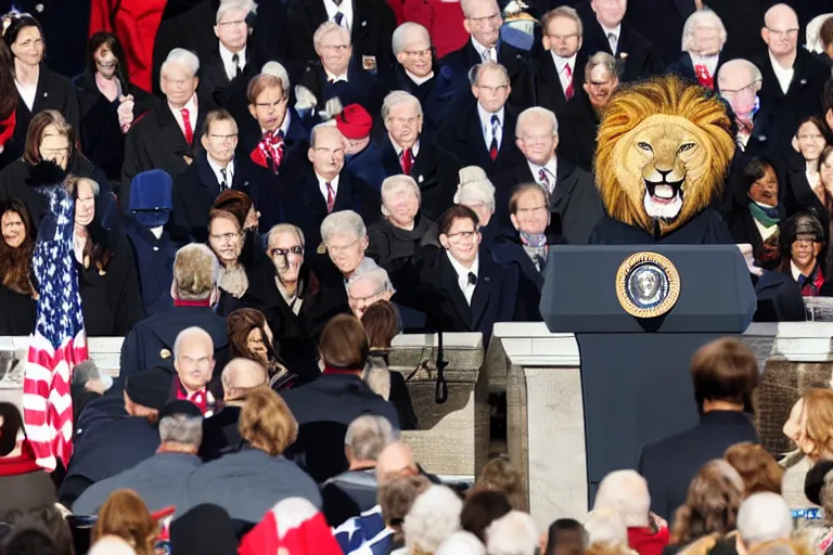 Image similar to photo of the usa presidential inauguration, a lion fursuiter being inaugurated as president