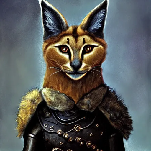 Image similar to a portrait of a cute fluffy caracal wearing leather armor from skyrim, fantasy setting, dark environment, serene colors, soft lighting, atmospheric, cinematic, moody, in the style of diego koi, gina heyer, luiz escanuela, art by alyssa monk, hyperrealism, rule of thirds, golden ratio, oil on canvas, 8 k