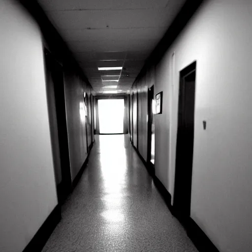 Prompt: a dark figure at the end of a creepy empty office hallway. craigslist photo