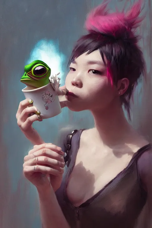 Image similar to portrait of a punk girl on a date with pepe! the frog! drinking coffee in the style of fenghua zhong and ruan jia and jeremy lipking and peter mohrbacher, extremely detailed digital painting, 8 k