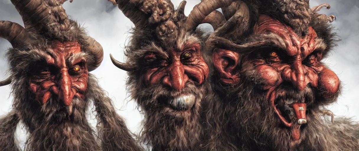 Prompt: hyperrealist highly detailed neo-baroque portrait of krampus standing in dolomites concept art pascal blanche dramatic studio lighting 8k wide angle shallow depth of field