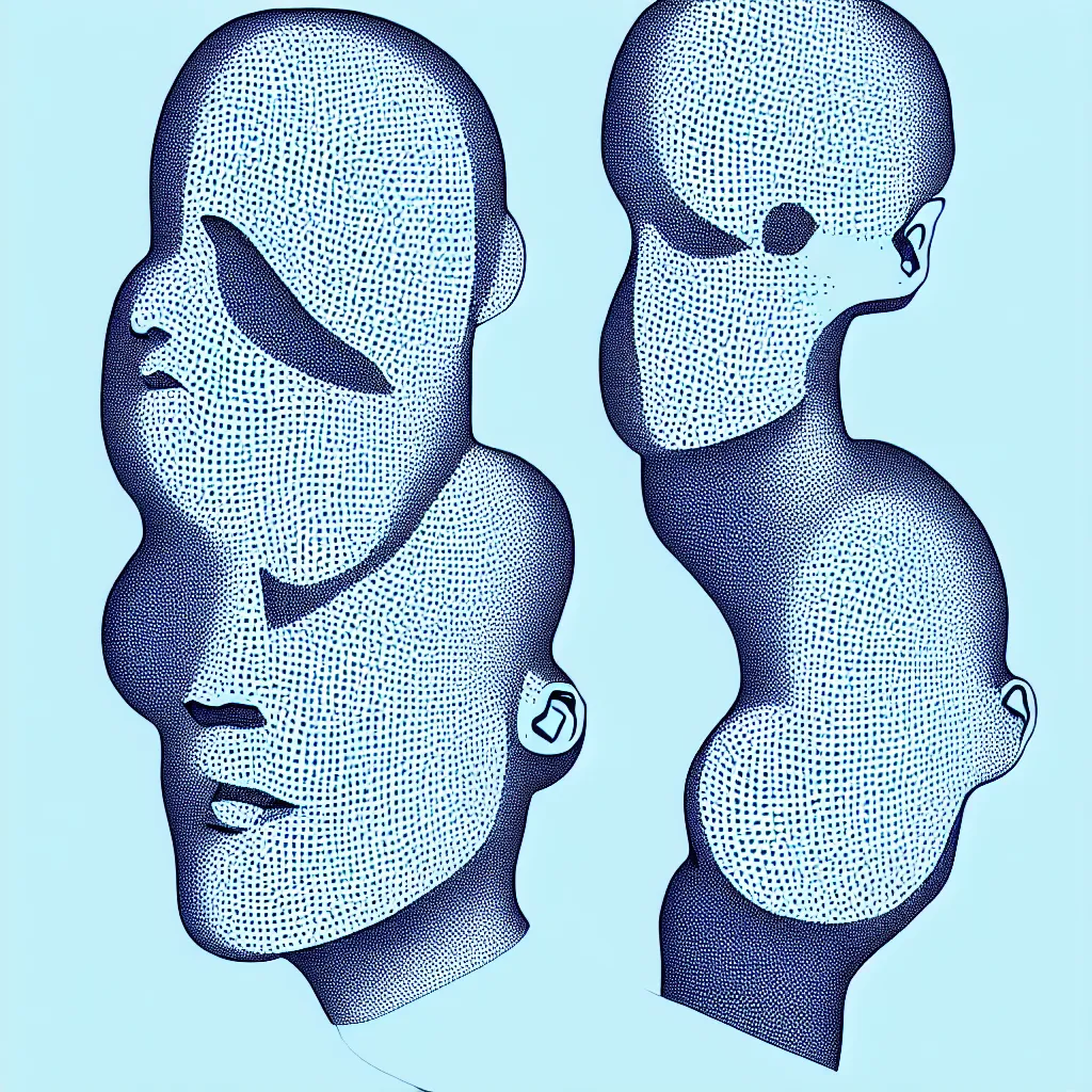Image similar to a formal self portrait by the artist kelbv, in distinct hyper precise fineliner style with cuboids neatly curving above his head, and exploded body filled with light blue and white spheroids, perfect bright studio lighting.