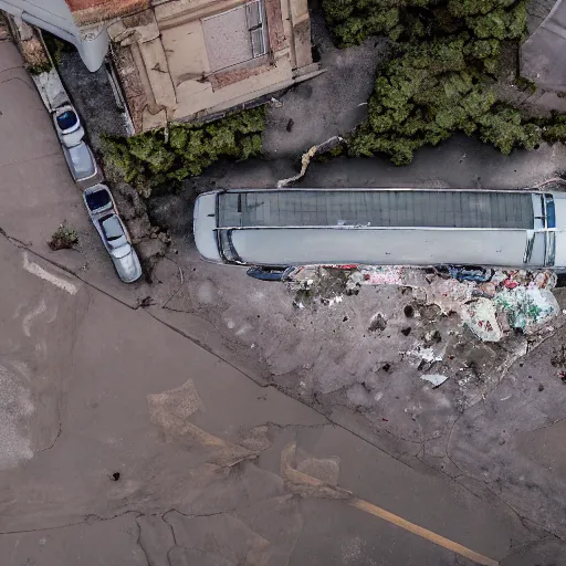 Image similar to hyperrealistic detailed, aerial photography, a number of car, dust, humus, wet street, graffiti on wall, trash scattered everywhere, abandoned car garage, 8 k, uhd, after rain, cinematic lighting, incrinate, wet after rain