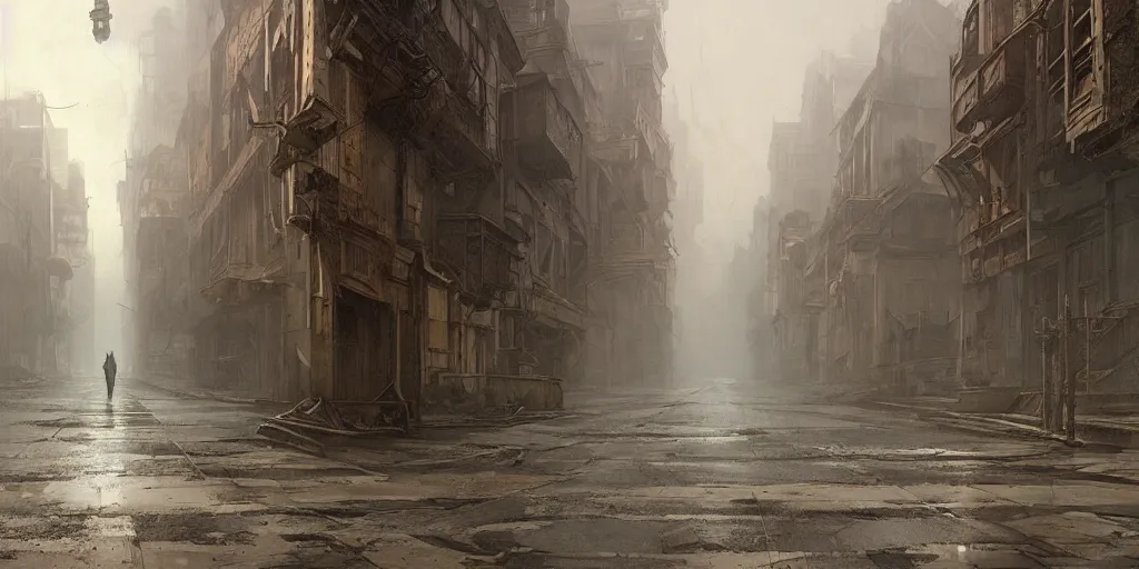 Image similar to A deserted street in a deserted decayed modern town, fog, dark fantasy, dystopia, intricate, highly detailed, digital painting, artstation, concept art, sharp focus, illustration, art by greg rutkowski and alphonse mucha