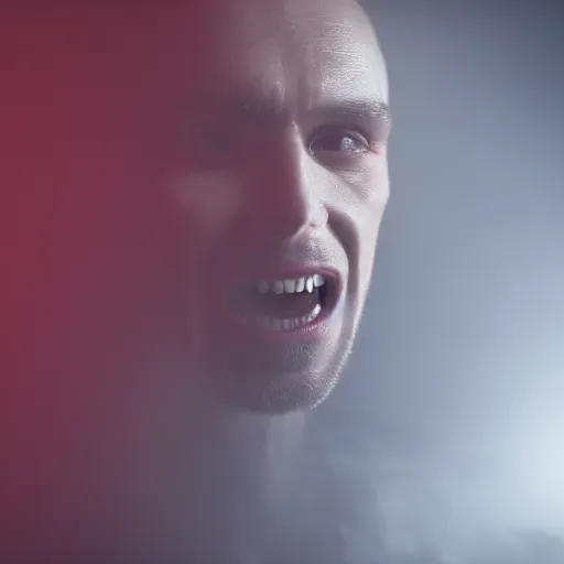 Image similar to a still of a real vampire face, studio lighting, 4 k, god rays through fog. cinematic