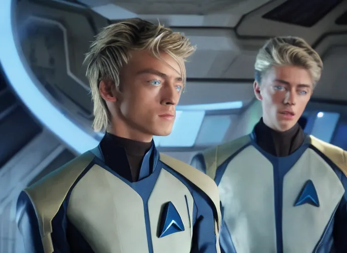 Prompt: Lucky Blue Smith plays as captain in Star Trek Discovery, engine room and warp core in the background, 35mm photography, highly detailed, cinematic lighting, 4k