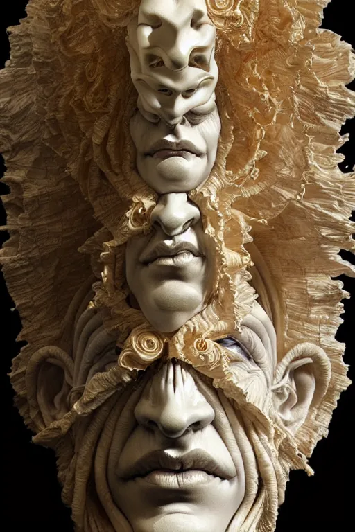 Prompt: Epic view of intricate stained Clown multiple faces looking backwards using a golden veil statue sculpted on white marble by Antonio Corradini, Wayne Barlowe and Artem Demura