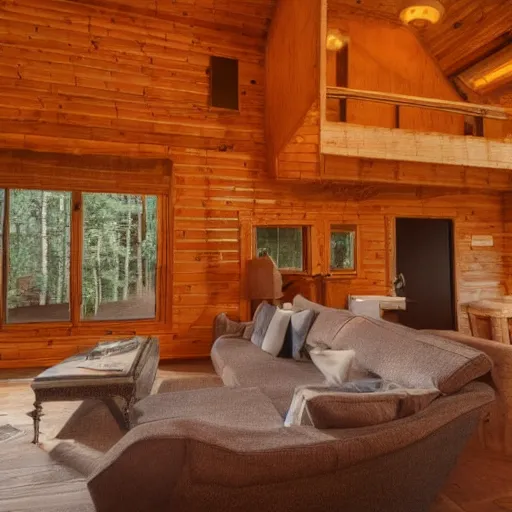 Prompt: interior design of a cabin on a mountain, light brown color scheme, vivid lighting, 4 k