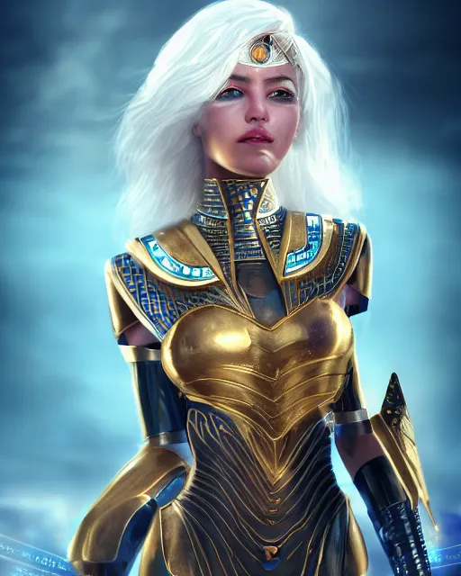 Image similar to girl in egypt, egyptian cyborg armor, white hair, atmosphere, gold, detailed, intricate, desert, beautiful face, cinematic lighting, trending on artstation, blue eyes, 4 k, focused, extreme details, cinematic, masterpiece, by akihito tsukushi