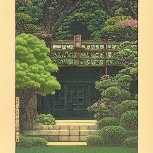 Image similar to a portal in a mysterious garden filled with spherical plants, artwork by Hasui Kawase, trending on art station