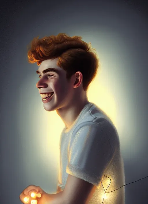 Image similar to portrait of teenage archie andrews, freckles, curly middle part haircut, curly hair, smiling kindly, friendly, 1 9 5 0 s, intricate, elegant, glowing lights, highly detailed, digital painting, artstation, concept art, smooth, sharp focus, illustration, art by wlop, mars ravelo and greg rutkowski