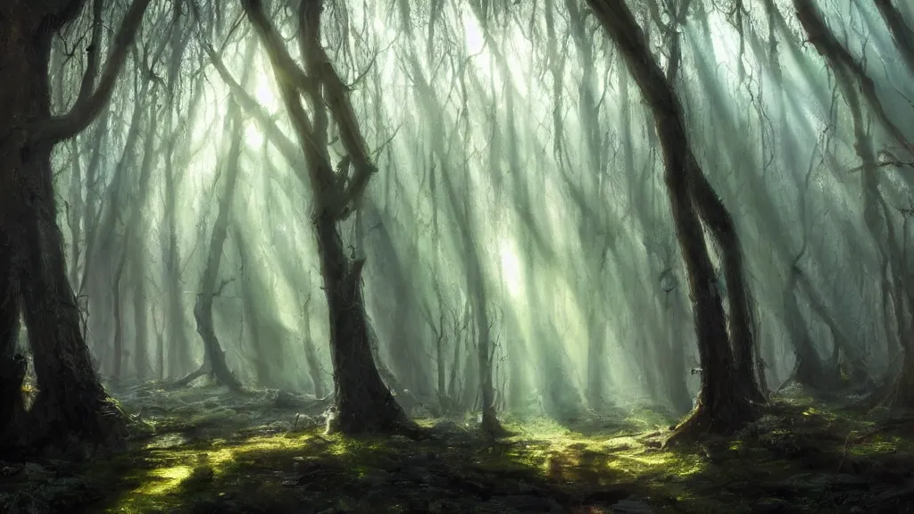 Prompt: The most beautiful painting in the world; an oil painting of a hauntingly beautiful elven forest in the morning; rays of light coming through the canopy; trending on artstation; extraordinary masterpiece!!!!!!; 8k