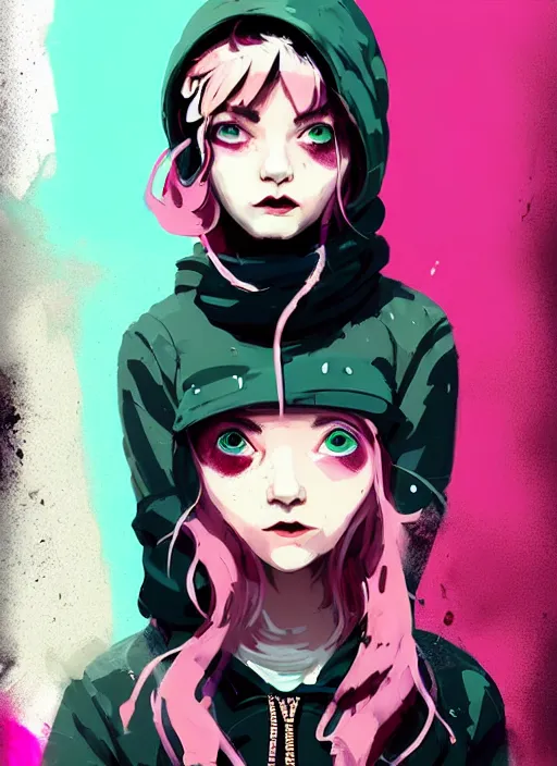 Prompt: highly detailed portrait of a sewer punk lady student, blue eyes, tartan hoody, pink hair by atey ghailan, by greg rutkowski, by greg tocchini, by james gilleard, by joe fenton, by kaethe butcher, gradient green, black, brown and magenta color scheme, grunge aesthetic!!! ( ( graffiti tag wall background ) )