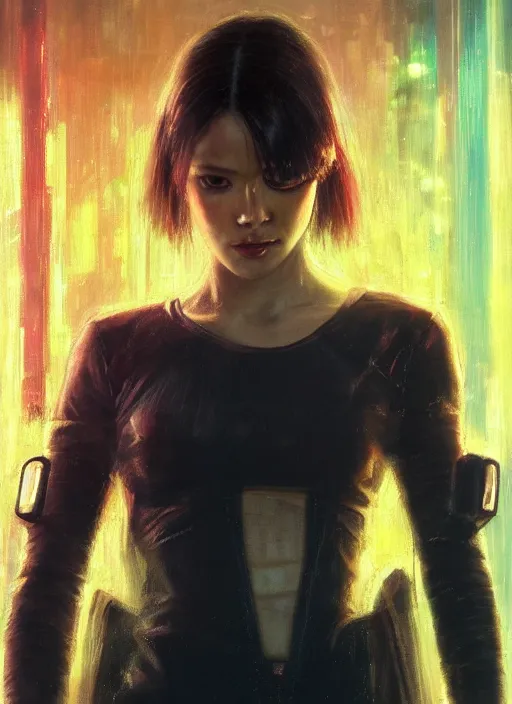 Image similar to Nikki Tanaka. Cyberpunk hitwoman in fashionable clothes (blade runner 2049, cyberpunk 2077). Orientalist portrait by john william waterhouse and James Gurney and Theodore Ralli and Nasreddine Dinet, oil on canvas. Cinematic, hyper realism, realistic proportions, dramatic lighting, high detail 4k