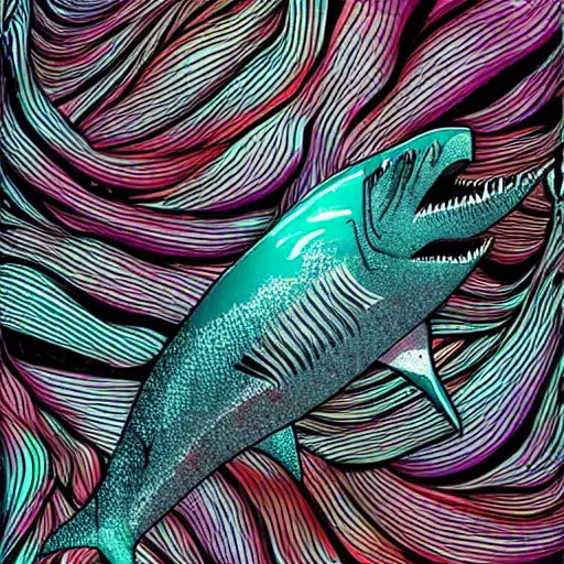 Image similar to android jones illustration of a shark, alien mouth