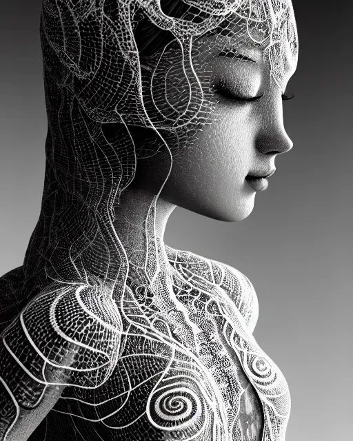 Image similar to surreal mythical dreamy artistic black and white fine art photo of a beautiful young female queen - medusa - cyborg covered with lace fish scales and translucent algae, highly detailed, intricate crystal ivy lace jelly fish scales ornate, poetic, octane render, 8 k, photo - realistic