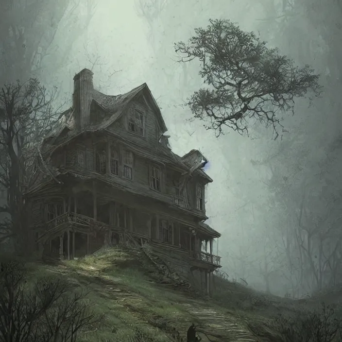 Prompt: the house on the hill, illustrated by greg rutkowski funereal gloomy mournful muted dreary tired shadowy harrowing photorealistic award - winning art detailed unreal engine