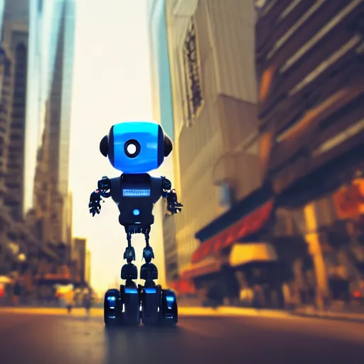 Prompt: a cute robotic creature in the middle of a busy street with skyscrapers, low angle camera, cinematic, very detailed, 4 k, depth of field