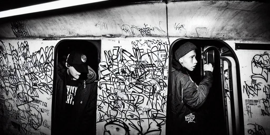 Prompt: subway cabin inside all in graffiti, man in obey jacket holds graffiti can closeup, night, film photography, exposed b & w photography, christopher morris photography