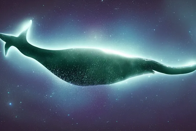 Image similar to a bioluminescent humpback whale swimming through the cosmos, digital art, photorealistic