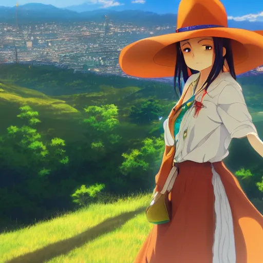 Image similar to closeup of an Anime girl wearing a sombrero vueltiao\' with the city of Armenia Quindio in the background, Artwork by Makoto Shinkai, official media, 8k, wallpaper, high definition, wallpaper, hd, digital artwork