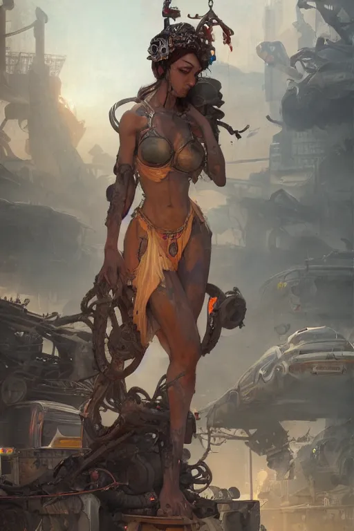 Image similar to goddess of the junkyard, highly detailed, digital painting, artstation, concept art, smooth, sharp focus, illustration, unreal engine 5, 8 k, art by artgerm and greg rutkowski and edgar maxence