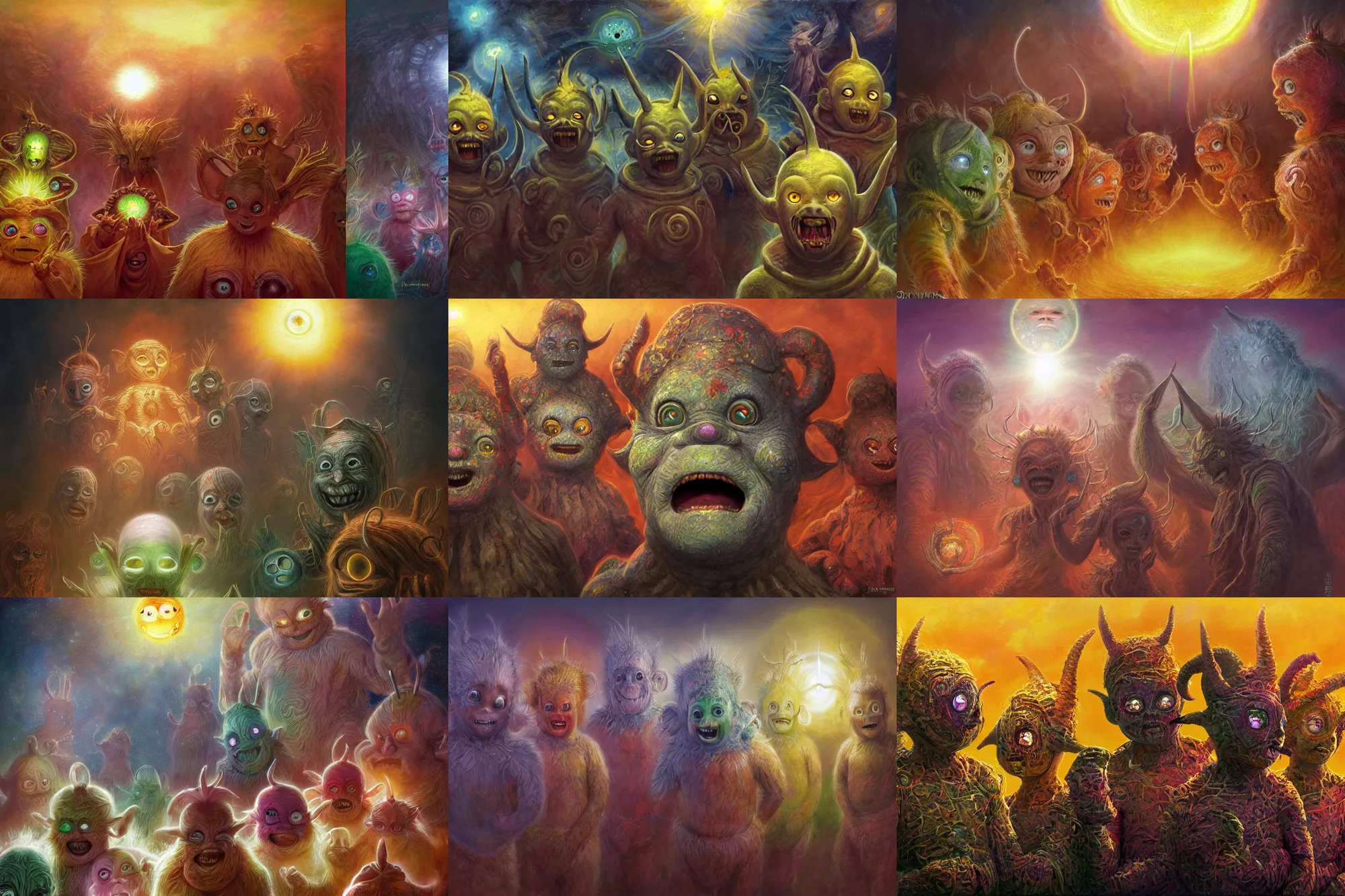 Prompt: highly detailed elden ring portrait photo of multicolored mumakil teletubbies with geometrically shaped antennas on their heads tormenting the souls of the damned in hell, a smiling face depicted as the sun on the horizon, hyperrealistic illustration by william didier pouget and tomasz alen kopera