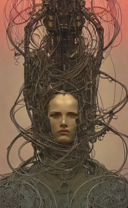 Image similar to upper half portrait of army mecha robot - wires and vines as poster design borders, art by alphonse mucha & zdzisaw beksinski, highly detailed, digital painting, concept art, illustration, smooth sharp focus, intricate, symmetry, artstation, colourful,