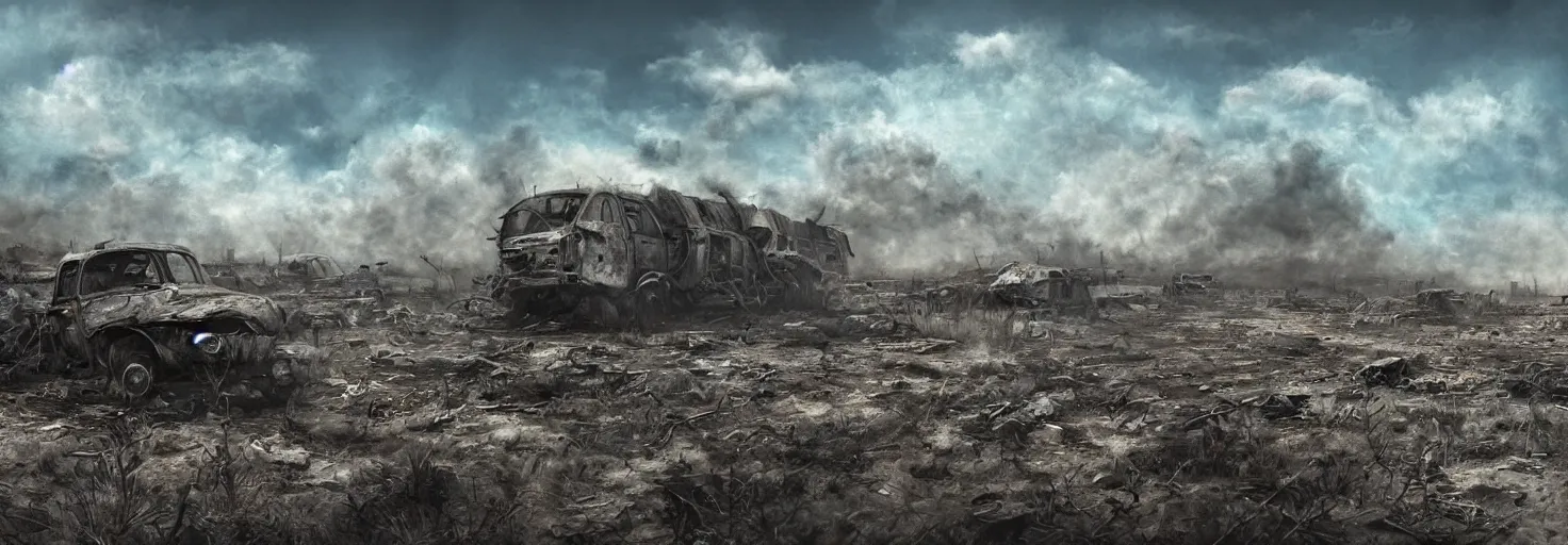 Prompt: wastelands by day, detailed ground, blue sky, smoke, end of war, vehicle wrecks, as seen by the artist, digital artist, simple composition