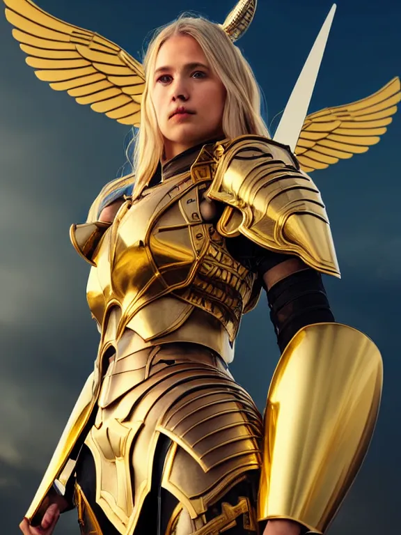 Prompt: portrait of fully armored norse valkyrie, brass plated, symmetric golden wings, divine vibes, light brown hair, white skin, shiny golden eyes, pretty, perfect face, sky background, sharp focus, highly detailed, cinematic lighting, studio quality, smooth render, unreal engine 5 rendered, octane, rendered, by artgerm, greg rutkowski, alphonse mucha