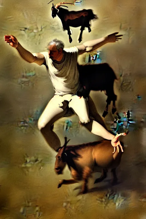 Image similar to dancing man with a goat head by francisco de goya and greg rutkowski