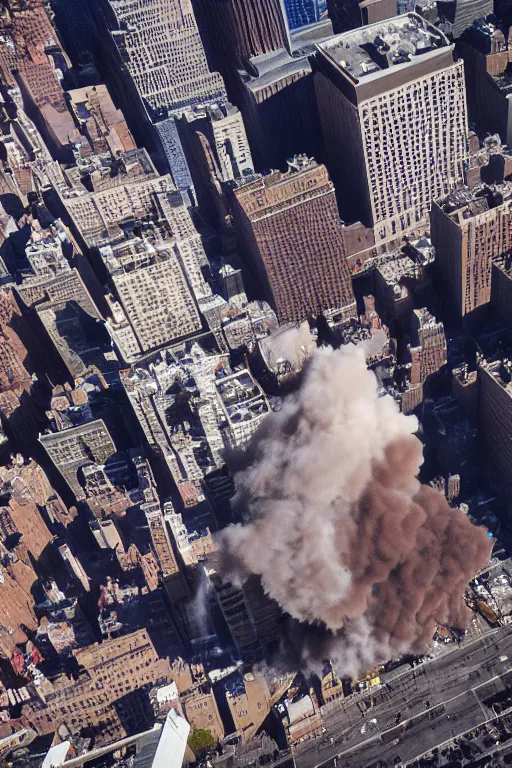 Prompt: !dream a man jumping from a building exploding in New York, explosion aerial view