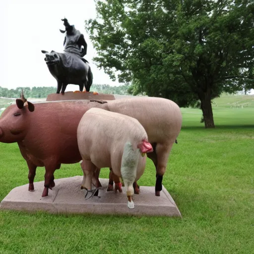 Image similar to statue of a pig, a cow, a horse, a chicken and a sheep