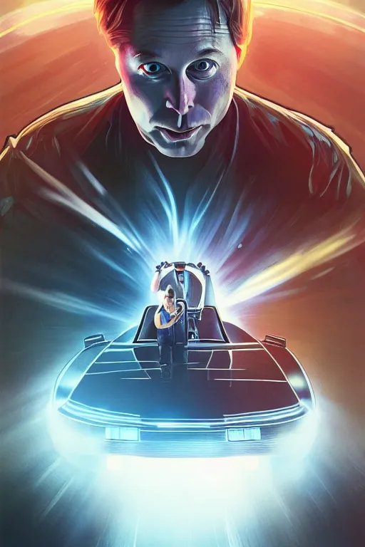 Image similar to elon musk as marty mcfly near delorean, realistic portrait, symmetrical, highly detailed, digital painting, artstation, concept art, smooth, sharp focus, illustration, cinematic lighting, art by artgerm and greg rutkowski and alphonse mucha