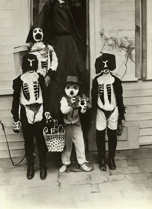 Image similar to photograph from 1905 of Halloween trick or treaters wearing Michael Jackson Thriller costumes, highly detailed, vintage film