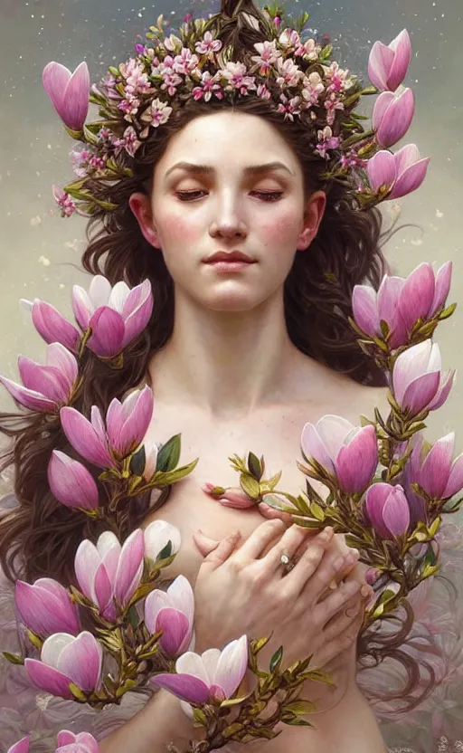 Image similar to portrait of a goddess of magnolia! covered in flowers!, half body, perfect face!!, d & d, fantasy, intricate, elegant, highly detailed, digital painting, artstation, concept art, smooth, sharp focus, illustration, art by artgerm and greg rutkowski and alphonse mucha