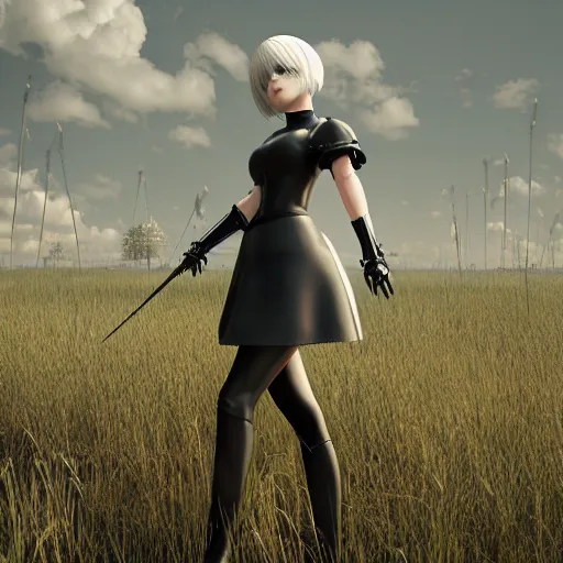 Image similar to 2B nier automata in a field, 4k, detailed face, blender render