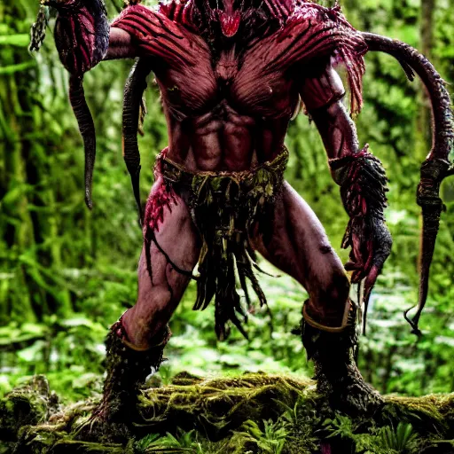 Image similar to High Fantasy Predator from the movie Predator in the forest plains of north yorkshire, 4k