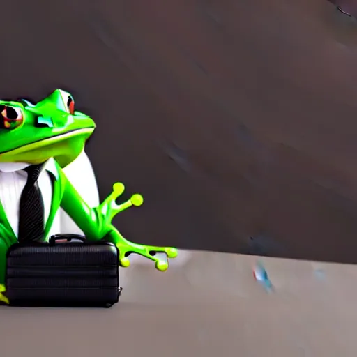 Prompt: a frog in a tuxedo suit holding a suitcase, hyperrealistic, octane render, 3D