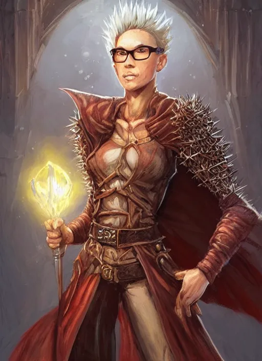 Prompt: spiky brown very short hair and glasses mage wearing robe, dndbeyond, bright, colourful, realistic, dnd character portrait, full body, pathfinder, pinterest, art by ralph horsley, dnd, rpg, lotr game design fanart by concept art, behance hd, artstation, deviantart, hdr render in unreal engine 5