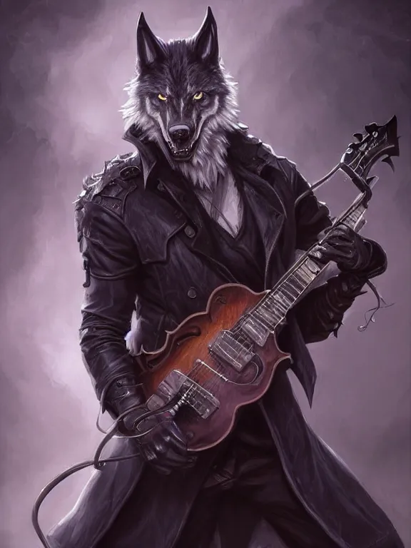 Prompt: picture of male lycan wolf bard, jet black trenchcoat, big guitar, high fantasy, highly detailed, detailed faces, smooth, sharp focus, chiaroscuro, dnd, digital painting, concept art, rossdraws and moebius and jon mcnaughton