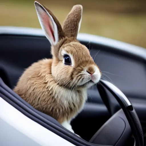 Image similar to a cute bunny driving a convertible, studio photo, high quality